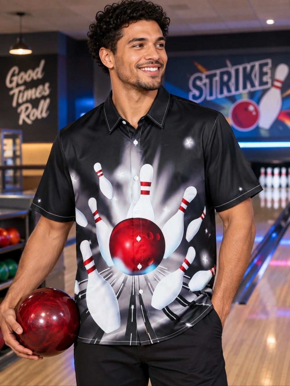 Men’s Bowling Graphic Button Down Shirt Large Black Red Strike Short Sleeve #4
